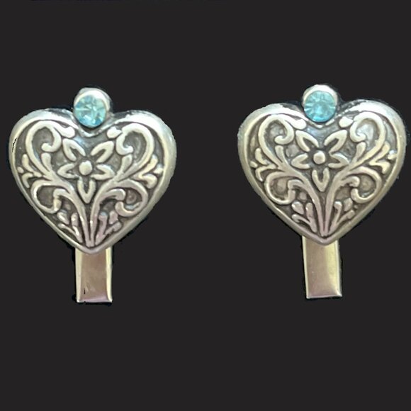 🆕 SET of 2 Vintage Silver Filigree Heart Hair Clips | Swarovski Crystal Blue - Picture 1 of 3